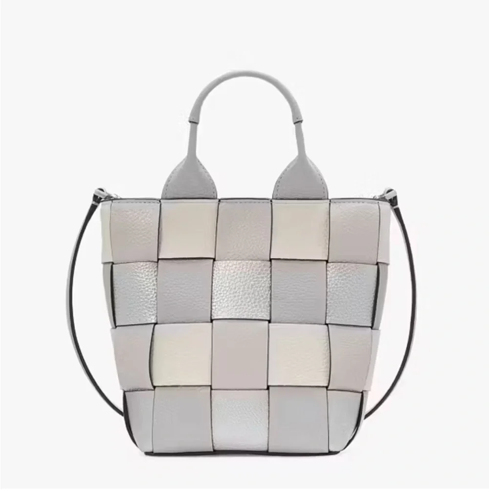 NWT Kate Spade Basket Woven Leather Metallic Mini Tote Crossbody Platinum Grey